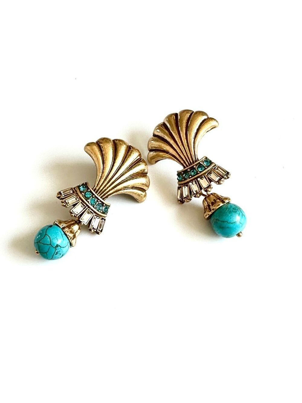 KRAMER Vintage Turquoise & Crystal Brushed Gold-Tone Shell Drop Earrings | NEW